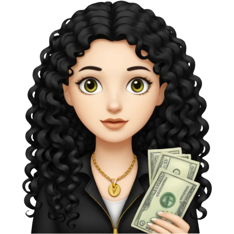 White girl with long black curly hair and money pieces emoji