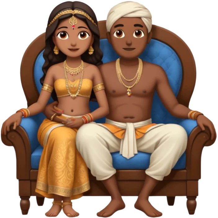 an indian bride sitting on her fathers lap. father is wearing a dhoti, shirtless and sitting on a chair emoji