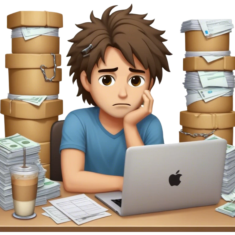 Create an emoji of an exhausted entrepreneur chained to their laptop, with stacks of invoices around them. They have tired eyes, messy hair, and a cold coffee next to them, symbolizing endless work without real progress. emoji