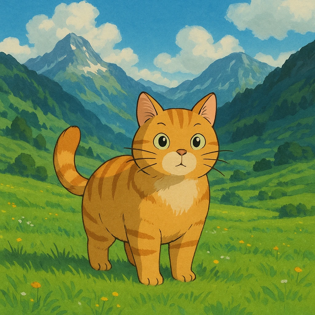 cat in Ghibli style on green Swiss meadows and mountains emoji