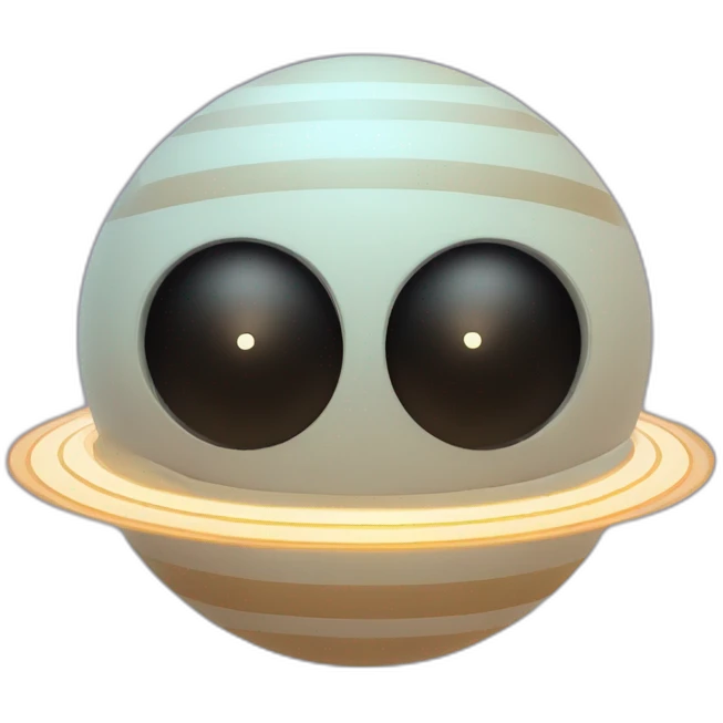 planet Saturn with a cartoon futuristic face with big calm eyes emoji