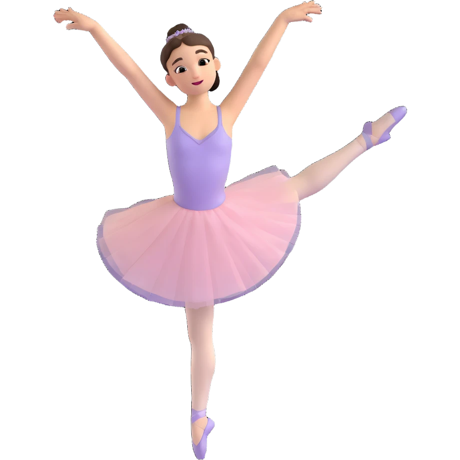 ballerina in 3D emoji style, arms overhead, mid-spin, elegant expression emoji