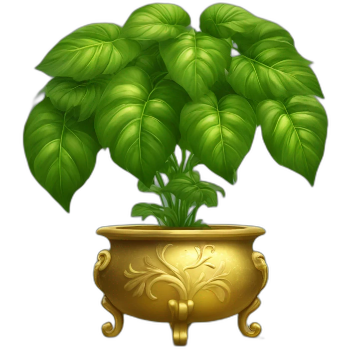 divine plant with big leaves in a golden flower pot on a stand with four feer emoji