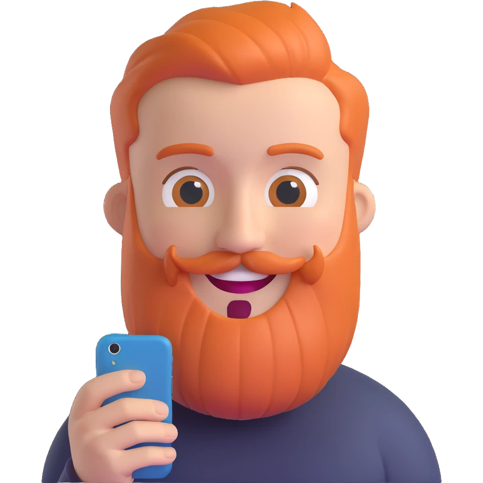 bold man with beard speaking on an iPhone, animoji style, smiling, 3D look emoji
