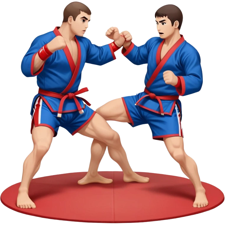 Two Sambo fighters in blue and red kimonos, with shorts and wrestling shoes, performing grappling and throwing techniques. The background shows a wrestling mat and an intense, focused atmosphere. Transparent background highlights the fluidity and skill of the sport without strikes. emoji