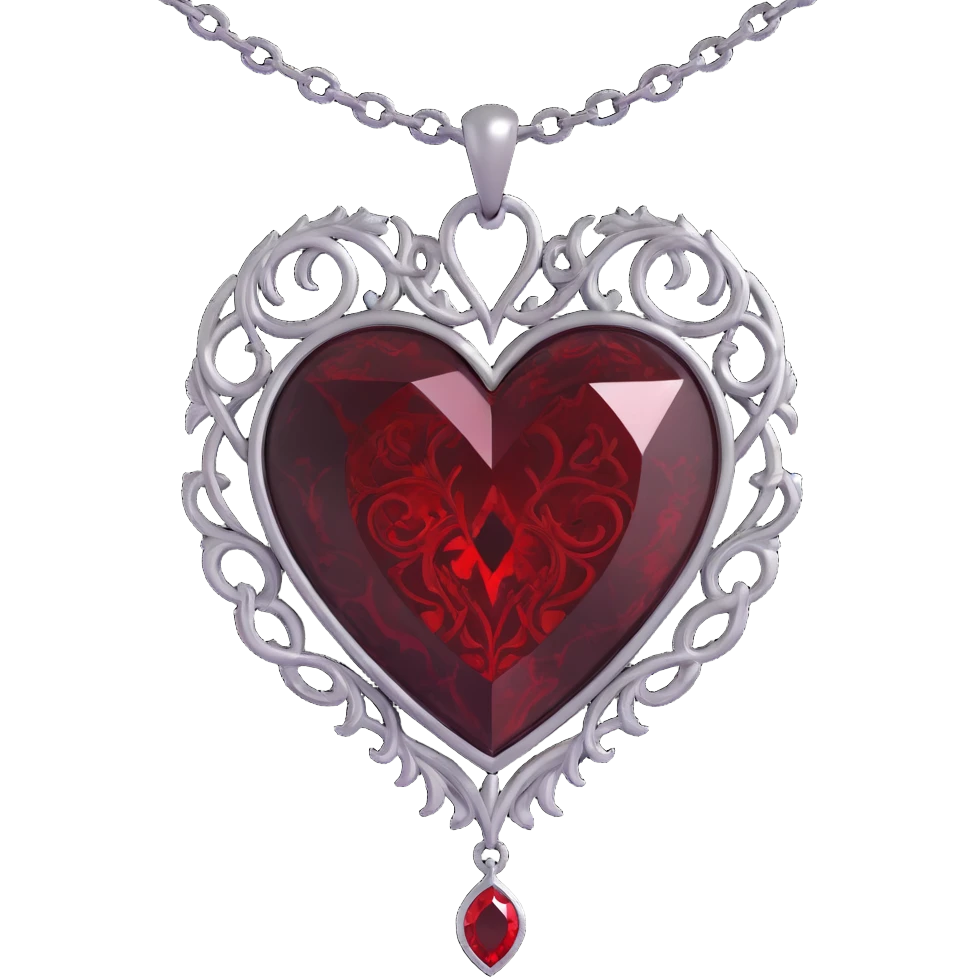 gothic heart, black velvet texture, silver chain, blood red gemstone, ornate and dramatic style, swirling dark mist emoji