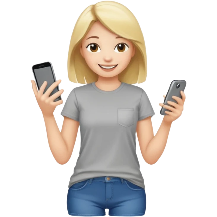 a full body  full girl on his phone with a happy face commenting on a post emoji