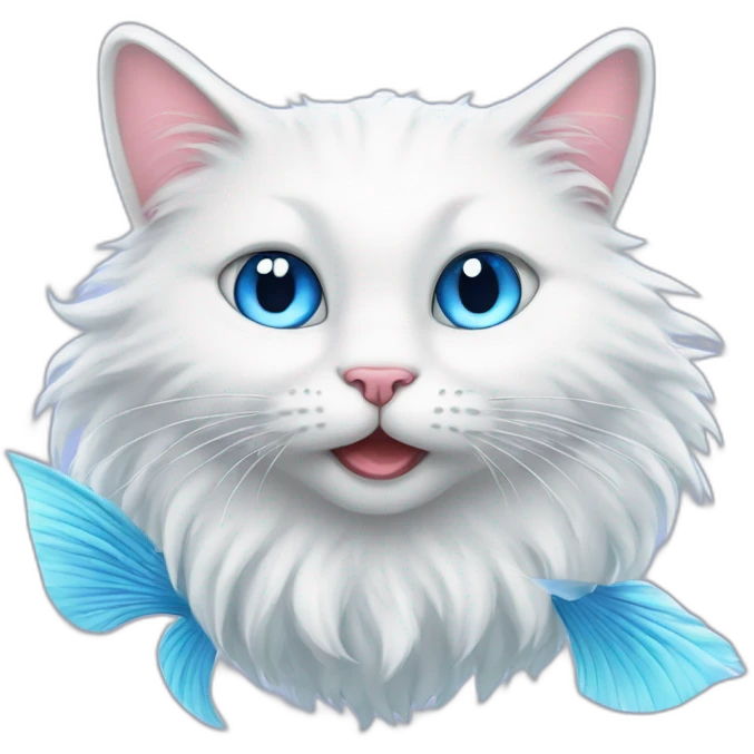 Head of White fluffy cat and a half of blue magic fish tail emoji