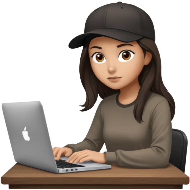 A professional 3D avatar of a young woman with olive skin and long, dark brown hair, wearing a dark, long-sleeved dark taupe shirt and a black baseball cap. She's sitting at a sleek wooden desk, typing on a silver MacBook. emoji