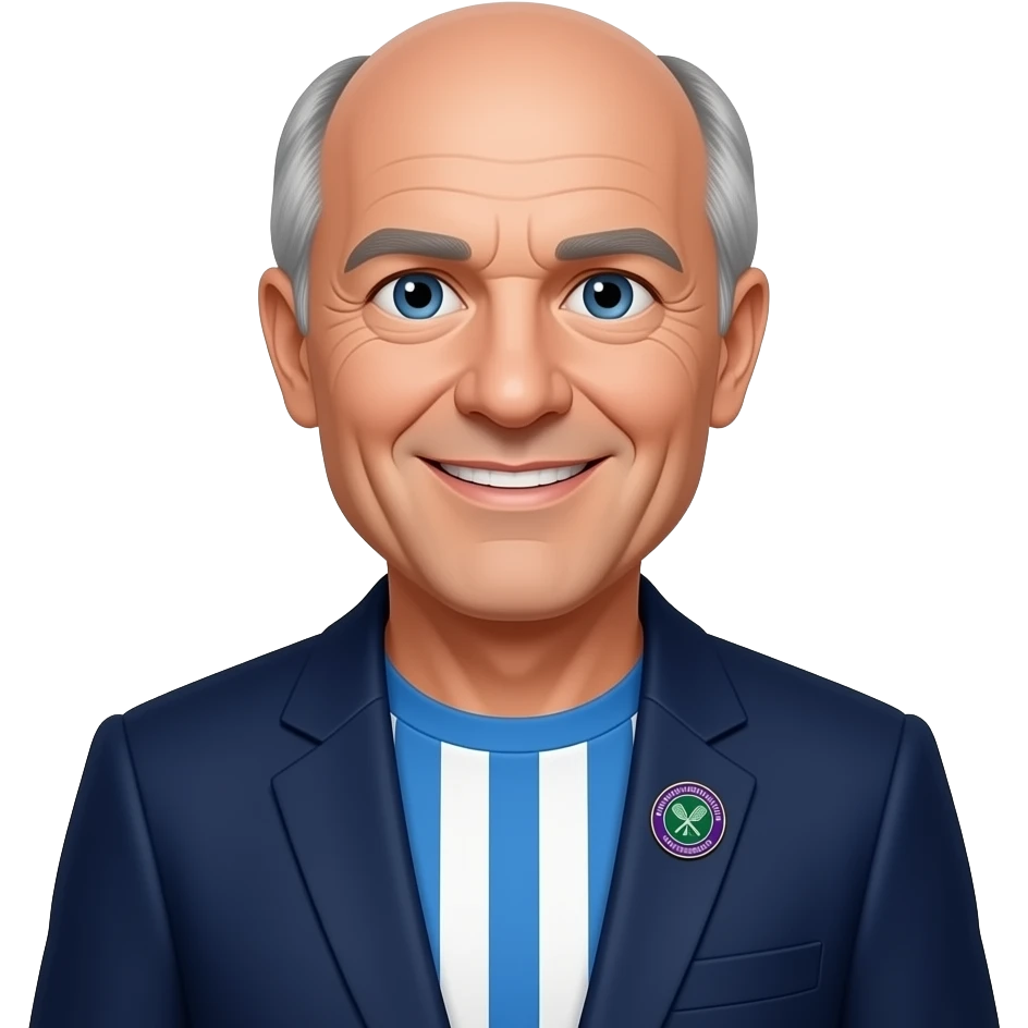 DJR - man, friendly smile, mid 70's, blue eyes, wimbledon pin badge, blue and white vertical striped shirt, thin grey hair, balding head, dark blue blazer emoji