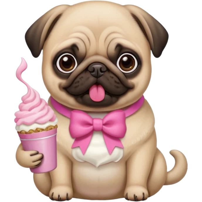 Pug com laço Rosa comendo ração  com chantilly Rosa emoji