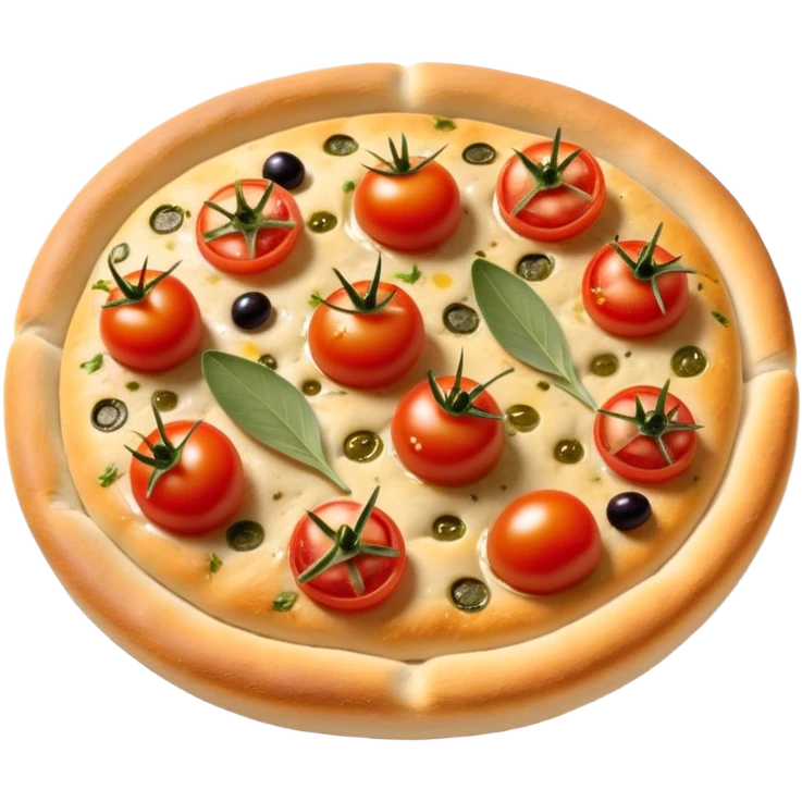 cinematic-realistic-focaccia-bread-dish-emoji,-depicted-as-a-golden,-olive-oil-brushed-flatbread-sprinkled-with-herbs-rendered-with-lifelike-texture-and-soft,-appetizing-lighting showing olives on top and the cherry tomatoes emoji