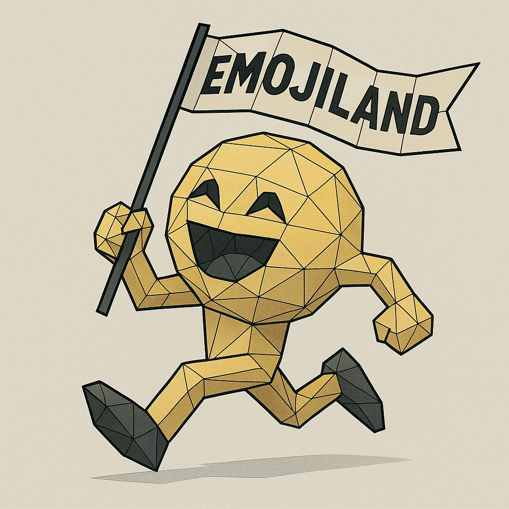 happy runner waving a flag that says 'emojiland' emoji