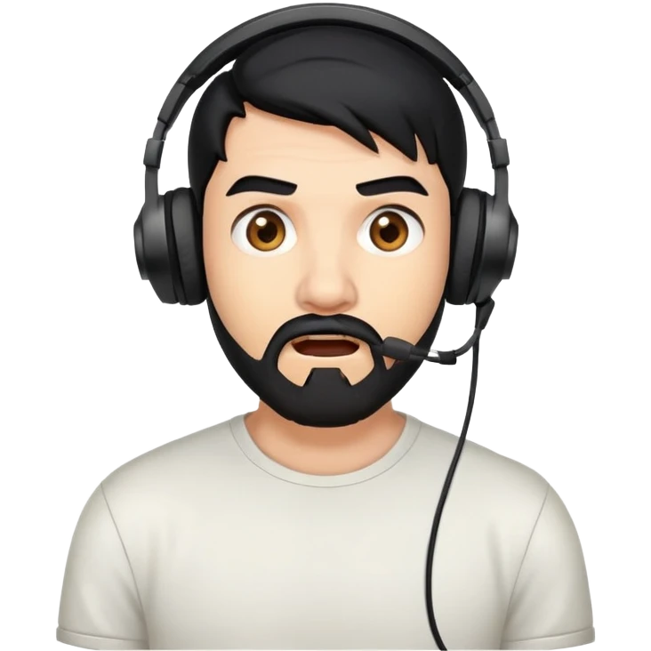 Shocked man with black hair, brown eyes, black beard wearing a gaming headset emoji