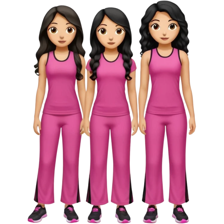 3 olive skin tone best friends. First one wearing pink gym attire modest with long black hair wavy. Second one wearing a pink fitted long maxi dress with curves long black hair and the last one wearing pink casual clothes with brown mid length hair emoji
