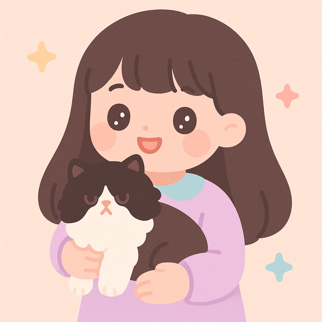 a girl with long dark brown, almost black hair with bangs, holding a fluffy black and white Persian cat, cute illustration style emoji