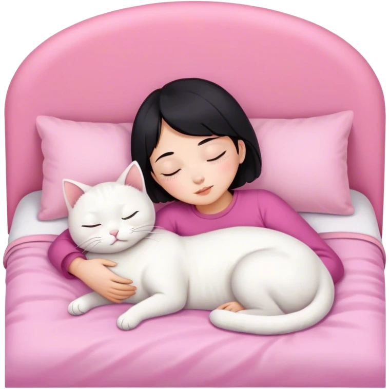 White cat sleeping with Asian girl short hair in pinky bed  emoji