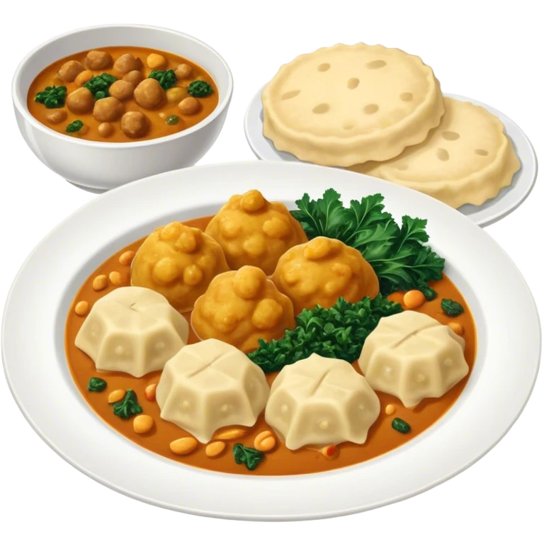 Create and emoji that has chicken curry, dumplings, mofongo, Arroz con gandules, and kale emoji
