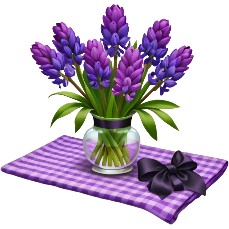 A lush bouquet of bright prple color Hyacinths black satin ribbon, resting on an antique wooden table, with a pale yellow and pink plaid pattern table cloth emoji