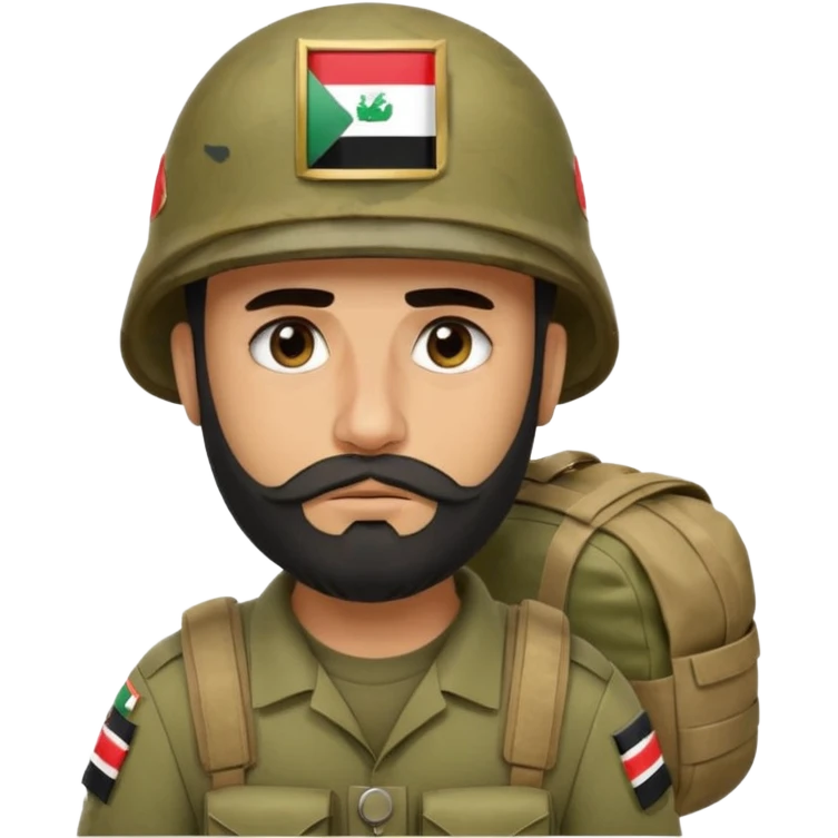 A very tired and sad, swarthy Iraqi soldier with a beard, an Iraqi flag on his helmet, a sad expression and bags under his eyes emoji