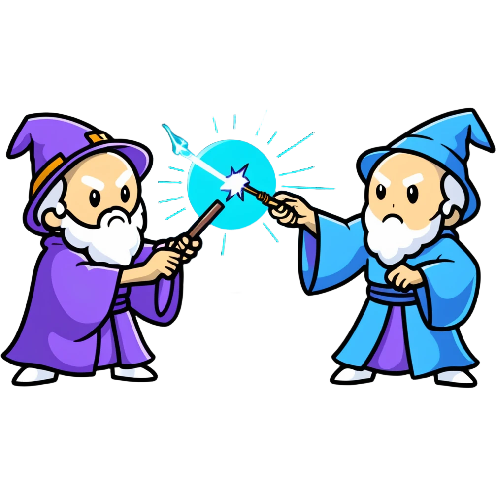 wizard and brain dueling with colorful spell blasts emoji