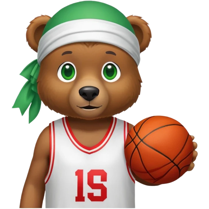 Cool brown bear with green eyes in a white silk durag and red basketball jersey showing just the top shoulders and collar, iOS emoji style emoji