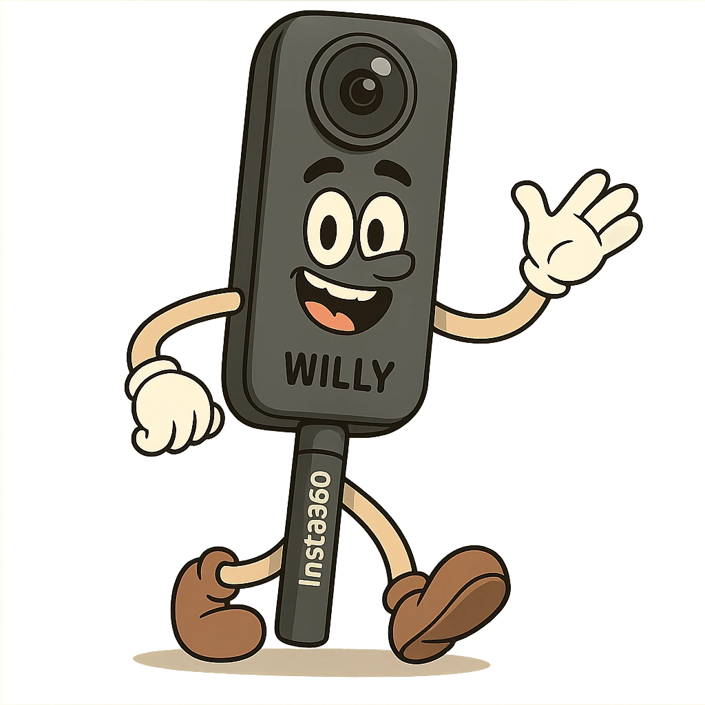 Insta360 camera on a stick named Willy with arms and legs, fun and whimsical cartoon style emoji