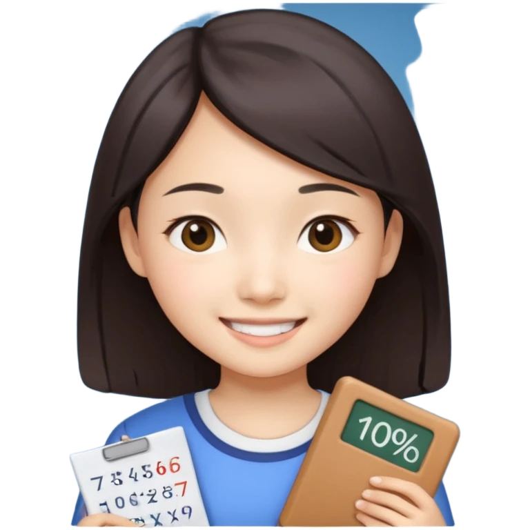 A Asian girl showing a math test with 100% on it emoji