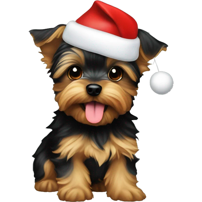 small yorkie puppy wearing a santa hat and sticking tongue out emoji
