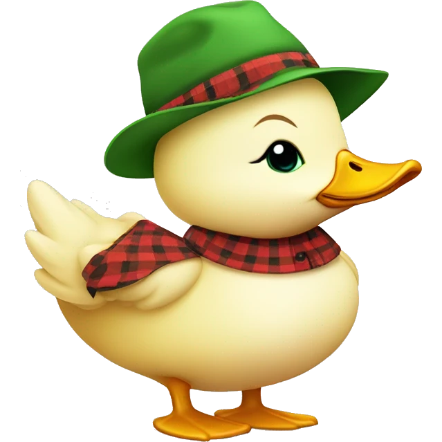 cute fluffy chubby baby farmer duck with hand and wear green hat and red checkered shirt emoji