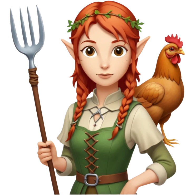 Рыжеволосая  эльфийка, с курицей в руках и вилами в спине  emoji