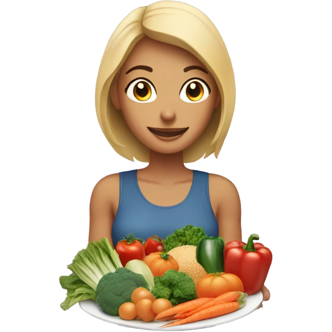 a woman looks at a plate of healthy food emoji