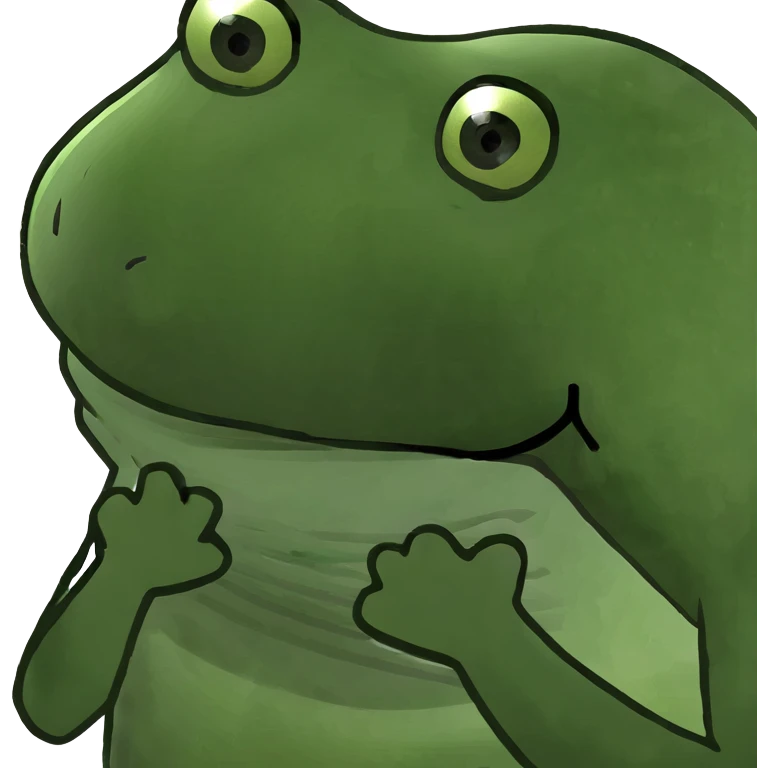 pepo the frog with hands folded, looking down emoji