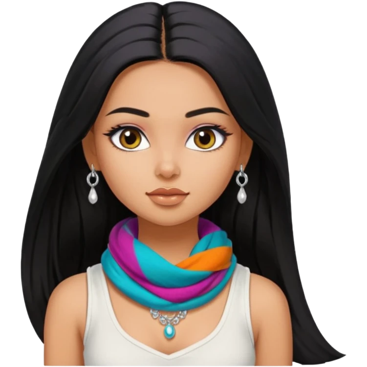 a pretty bratz girl with long black hair, kajal under eyes, small silver jhumkas. White tank top on. Colourful scarf around neck emoji