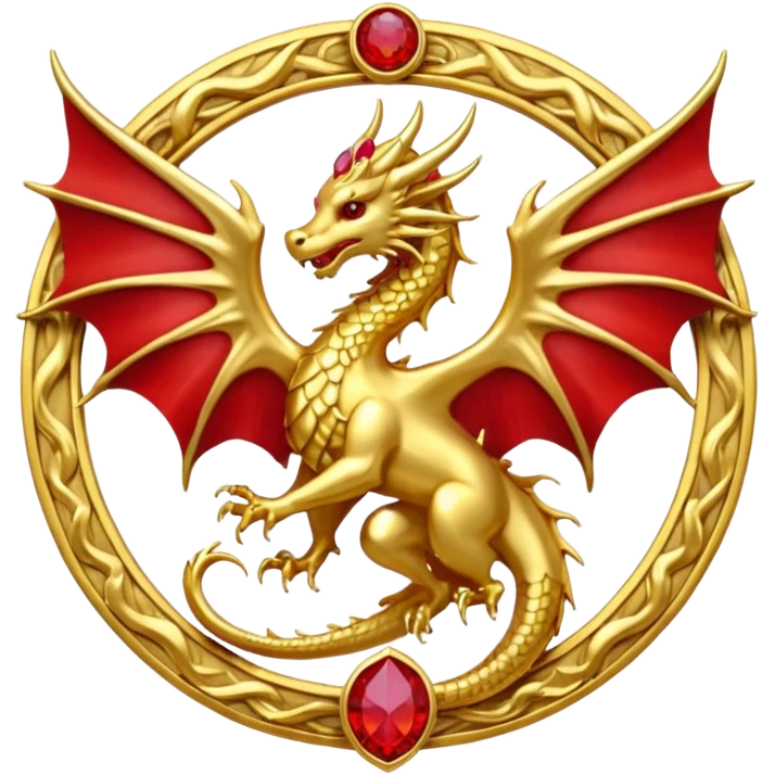 Golden Dragon with wings crest/brosch in a circle with red gems emoji