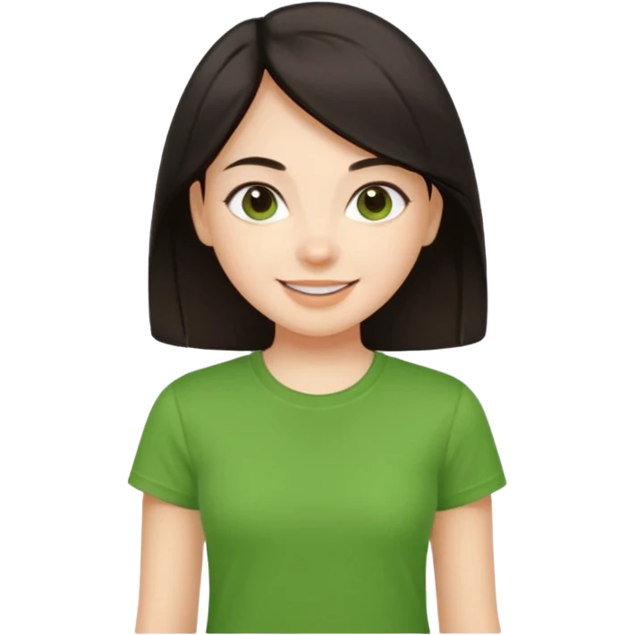 Young girl with straight, dark hair, well-groomed and pretty, wearing a green T-shirt, with a happy and lively expression. emoji