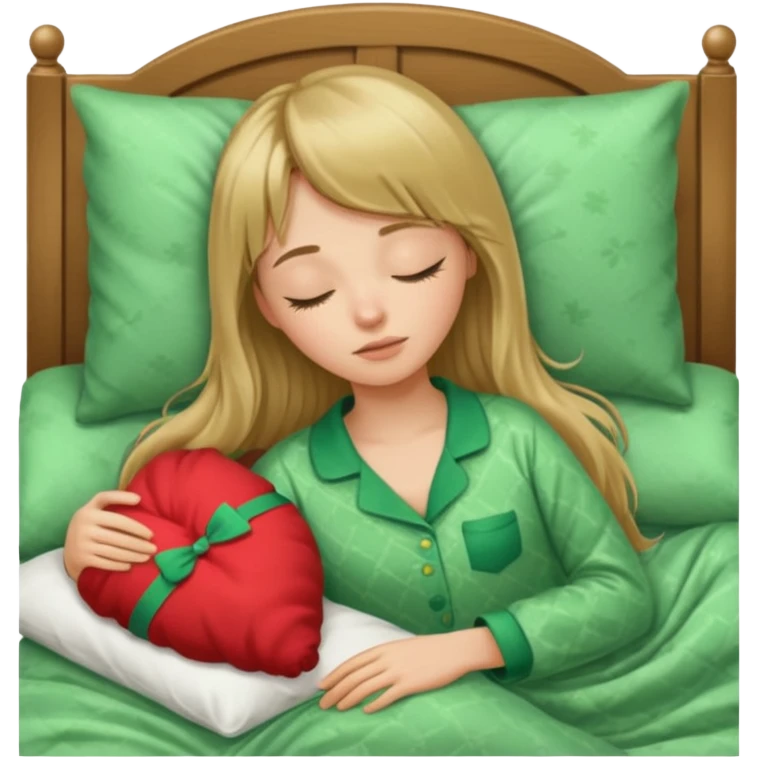 Young woman with long dark blond hair and a bang sleeping in bed  with green pyjama emoji