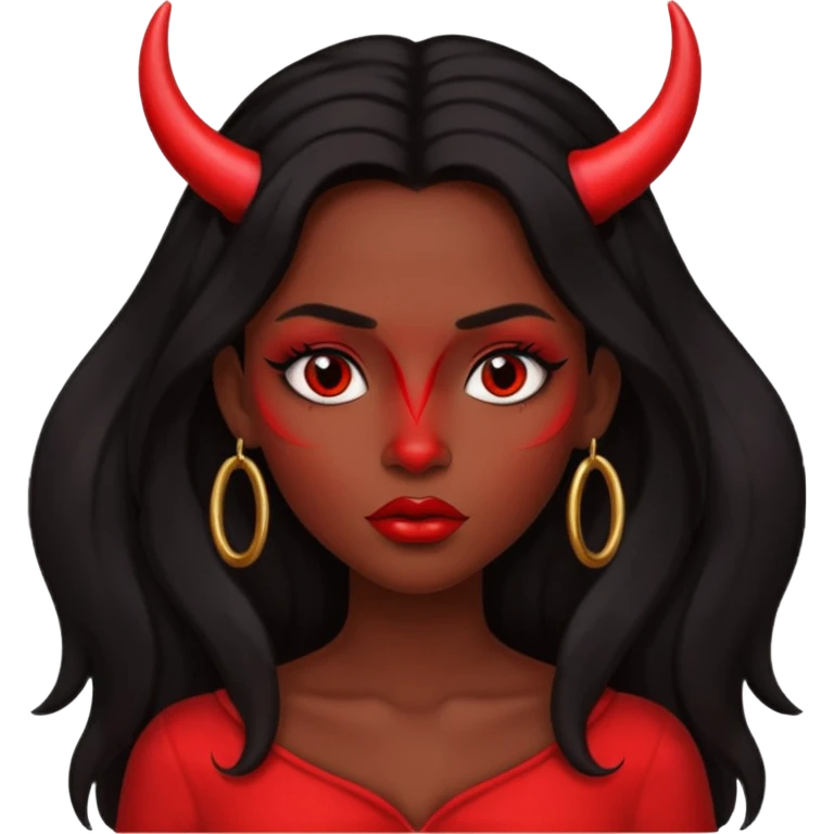 A skin red girl's face with cheekbones, long black hair, small red horns, big lips emoji