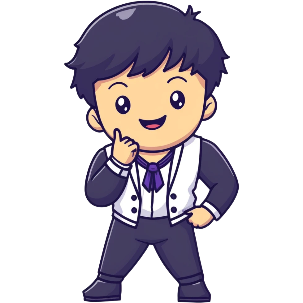 K-pop male idol with black hair, big smile, wearing stylish stage performance costume emoji