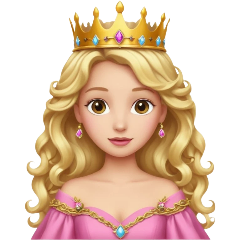 Blonde Princess with long blonde curls, pink gown, golden crown. emoji
