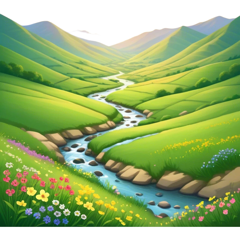 Cinematic Realistic Valley Emoji, Lush and serene, with gently sloping hills surrounding a vibrant green valley filled with wildflowers and a small stream. The soft, golden sunlight filters through the valley, casting peaceful, warm shadows across the landscape. Soft glowing outline, capturing the essence of natural peace and gentle beauty in a sprawling valley. emoji