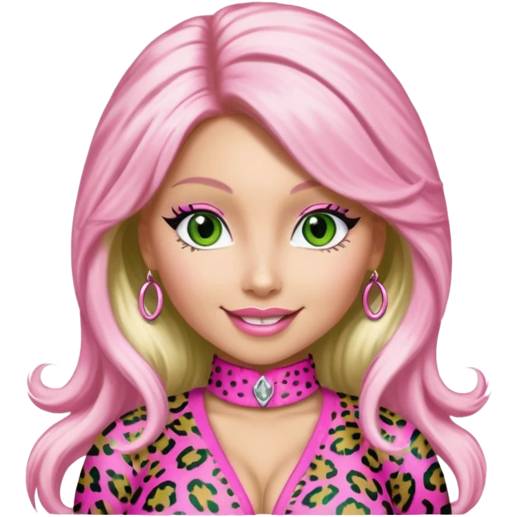 Smiling Green eyed white skin Nicki Minaj wearing a pink leopard print outfit with hair that is half blonde and half pink emoji