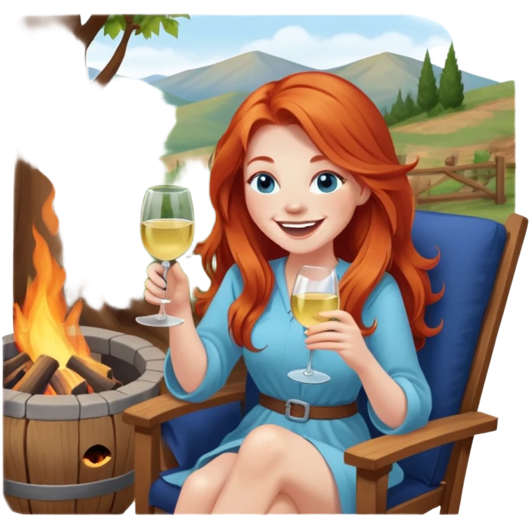 Laughing redhead with long hair and blue eyes holding white wine sitting in chair beside fire pit emoji