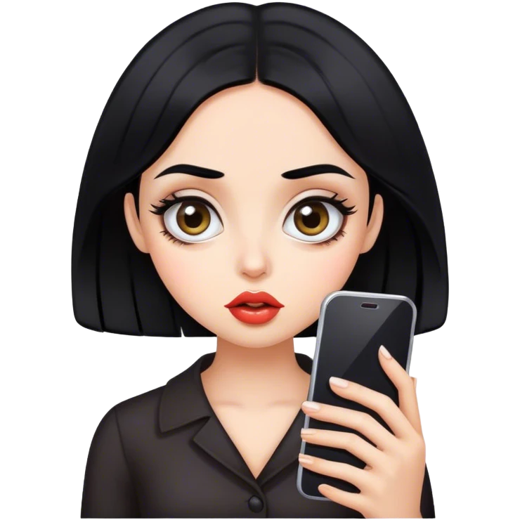 Make a black hair girl with big eyes holding phone and thin eyebrows and big lips  emoji