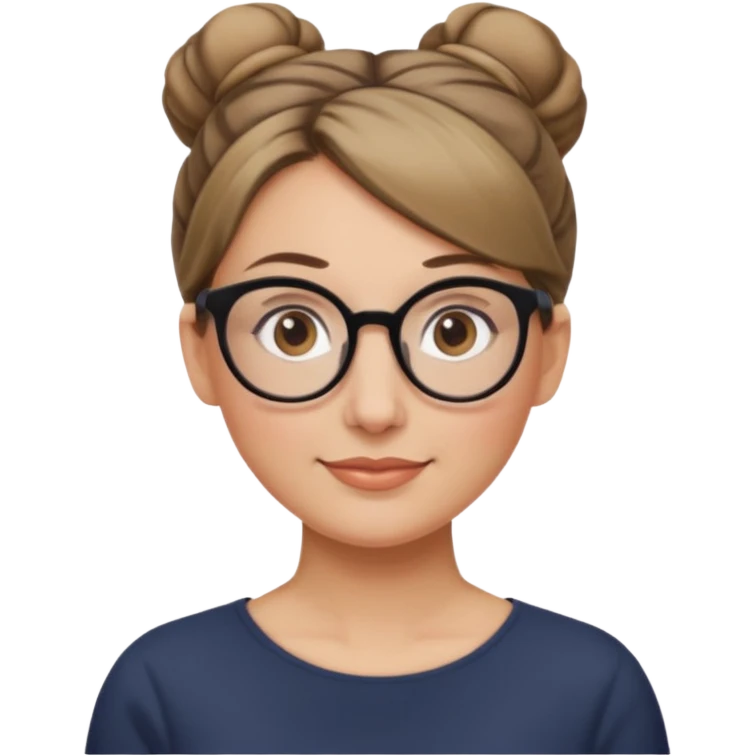 femme de 38 ans avec des cheveux blond foncé, un chignon haut, yeux bruns, lunettes rondes emoji