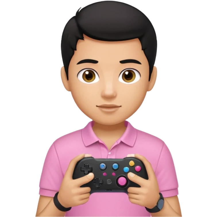 generate a pretty tan bratz boy with a pink polo. Holding a gaming controller in hand. Black hair emoji