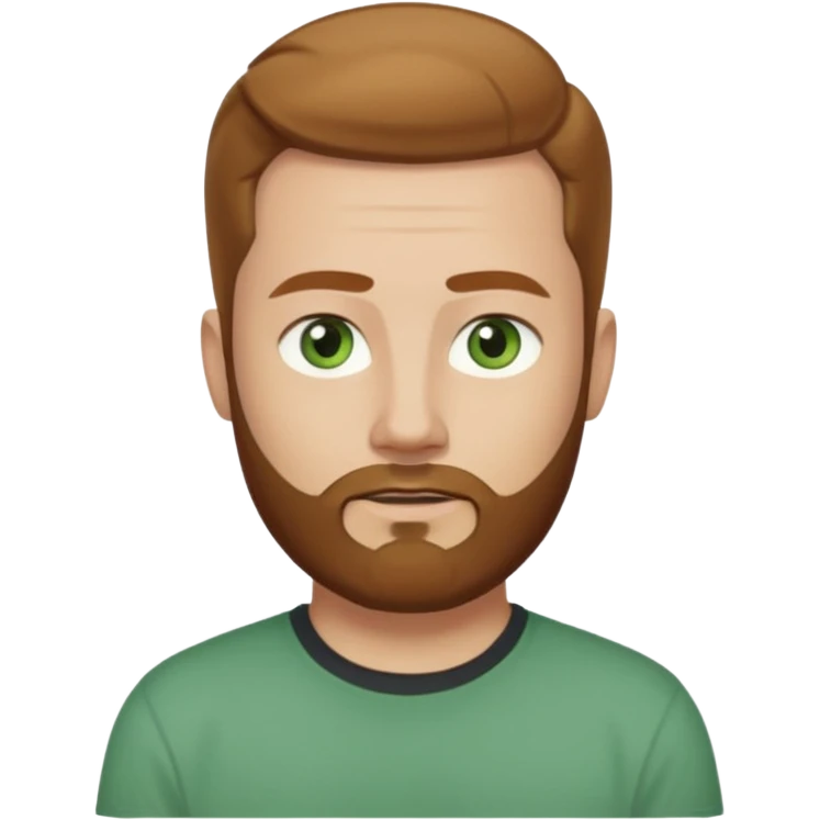 A young man with short light chestnut hair slicked back, a medium-length thick beard, and light green eyes. Fair skin, oval face, neutral expression. Wearing a dark t-shirt, plain light (white or gray) background. Shoulder-up front portrait. emoji