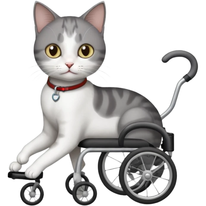 full body small short hair dark grey and white cat with hazel eyes walking in a wheelchair for cats emoji