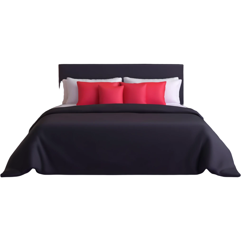 dark bedroom with black walls, black bed frame with black sheets, framed paintings of magic 8 balls and cherries, black nightstand with red LED lights emoji