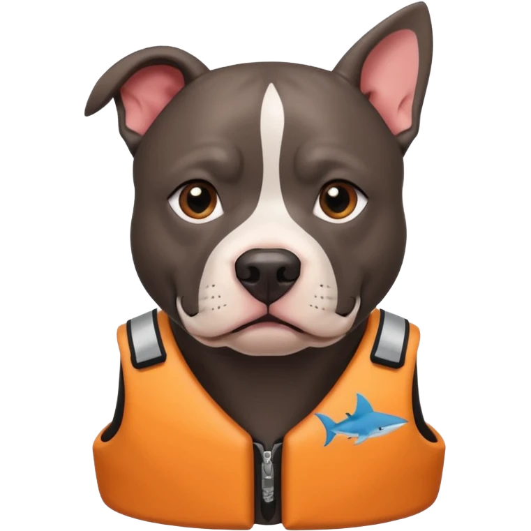 Black pit bull wearing life vest that has a shark fin emoji